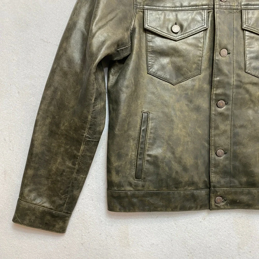 Lucky Brand Leather Trucker Jacket Mens M Olive Green Distressed Quilted Lining